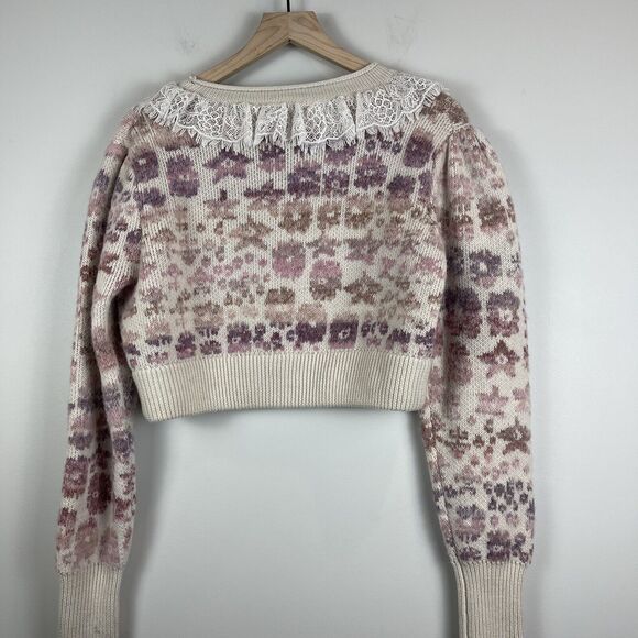 LoveShackFancy Pullover Sweater Sz S Multi Floral Crop Coquette Lace Collar - Picture 9 of 12